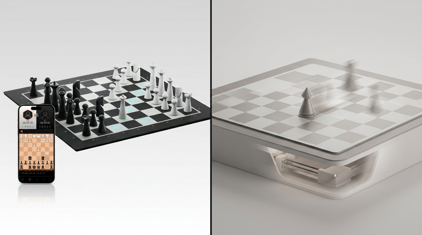 Split-frame comparing the GoChess Lite Modern LED chess board with an abstract self-moving robotic board